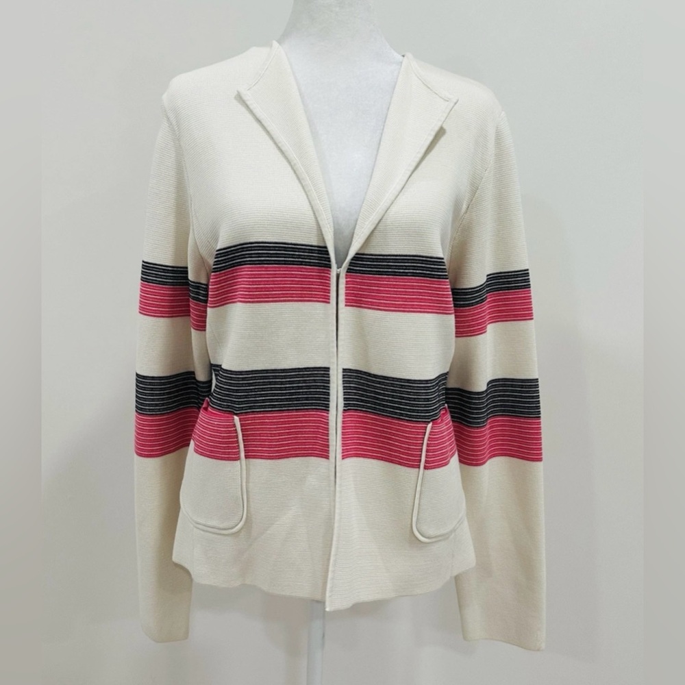 Talbots Womens Large Cardigan Sweater Pink Black Ivory Pockets Career Work NWT